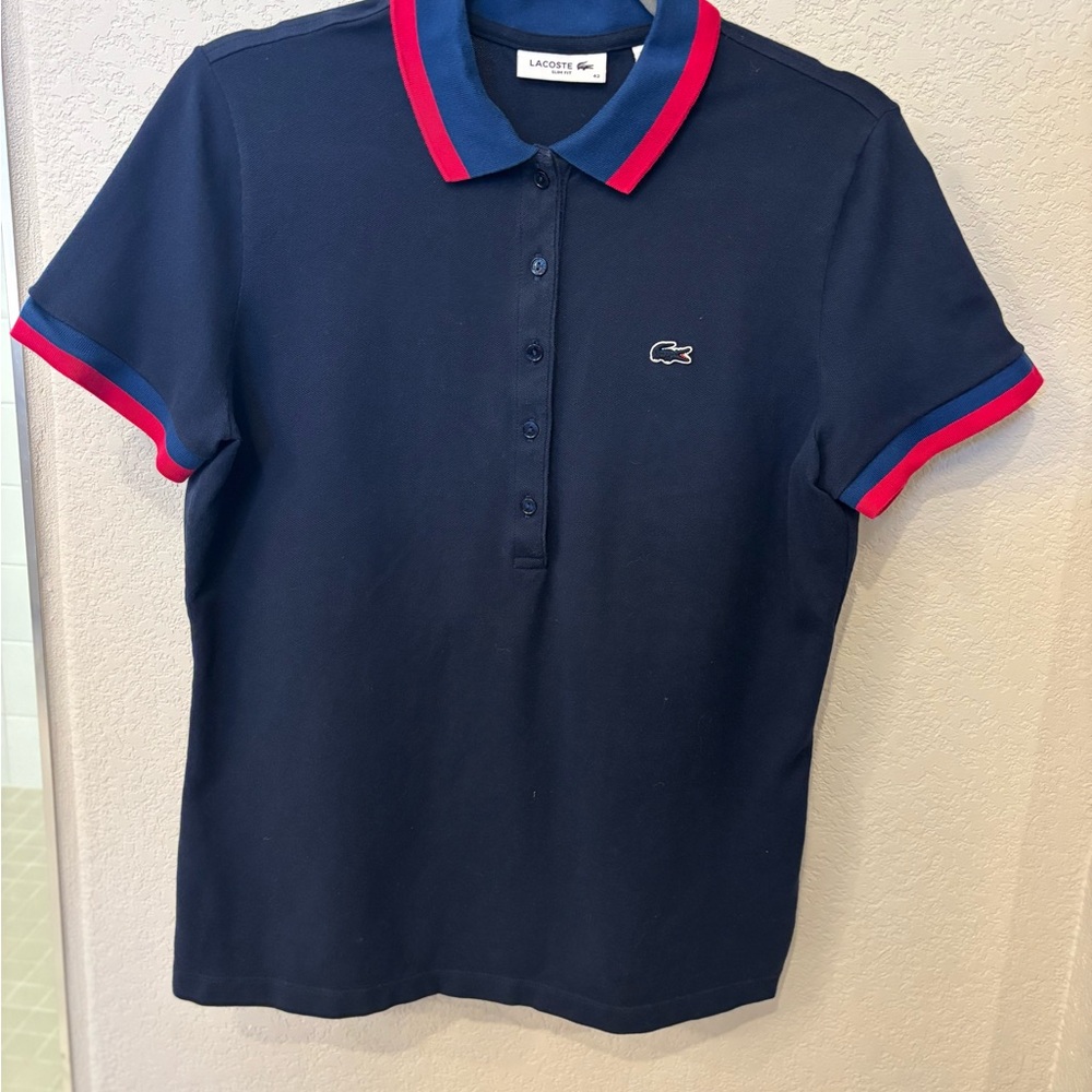 Women’s Slim Lacoste Navy Blue Polo with Colorblock Collar and Sleeves Size 10